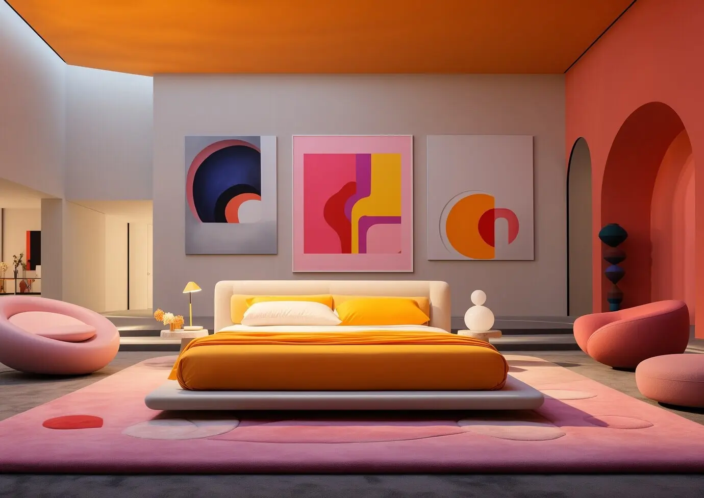 Blick in ein Schlafzimmer mit futuristischem Dekor und Stil.